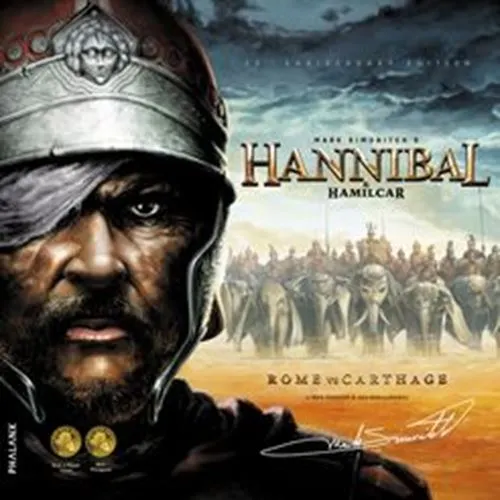 An illustration featuring a close-up of a stern-faced man wearing ancient military headgear with an army and elephants in the background, overlaid with the text "Hannibal & Hamilcar" and "Rome vs Carthage."