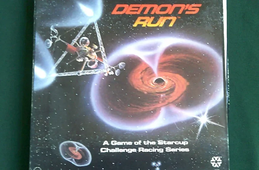 A worn board game box titled "DEMON'S RUN - A Game of the Starcup Challenge Racing Series" with an illustration of spaceships racing near a red swirling galaxy and bright stars on a dark space background.