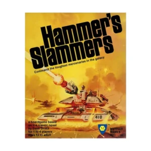 Alt text: Cover art for "Hammer's Slammers" board game featuring a futuristic tank in combat, with explosions and an orange-yellow backdrop. Text reads "Command the toughest mercenaries in the galaxy," includes the Mayfair Games logo, and notes the game is for 1 to 4 players, ages 12 to adult, based on the classic novel by Dave Drake.