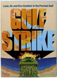 A board game cover titled "Gulf Strike," depicting land, air, and sea combat in the Persian Gulf with a stylized map of the region and military illustrations including soldiers and vehicles.