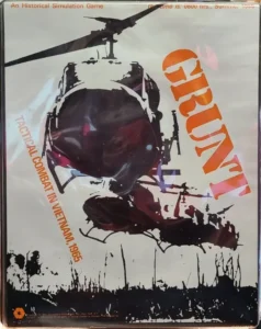 A board game cover featuring a helicopter in flight with a large title "GRUNT!" in orange letters. Below it reads "Tactical Combat in Vietnam 1965." It's described as "An Historical Simulation Game." The image has a high-contrast, stylized artistic design with a limited color palette.