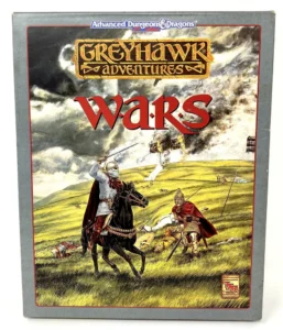 Alt text: Cover of "Greyhawk Adventures Wars" boxed set for Advanced Dungeons & Dragons 2nd Edition, featuring a medieval battle scene with knights on horseback and fallen soldiers, under a stormy sky.