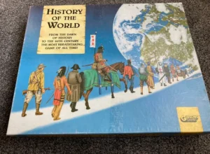 A board game box titled "HISTORY OF THE WORLD" with an illustration showing a progression of historical figures across different eras lined up diagonally across from a globe, and the logo for "Gibsons Games" in the bottom right corner.