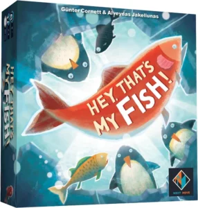 Box cover for the board game "Hey, That's My Fish!" featuring illustrated penguins, various fish, and a large red fish with the game's title written on it. The top left corner credits designers Günter Cornett & Alvydas Jakeliunas and the bottom right corner shows the Next Move Games logo.