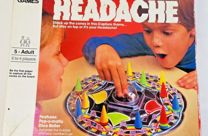 A vintage "Pop-o-matic Headache" game box featuring two children playing the board game, with colorful cones and a central dice-rolling bubble on the displayed game board.