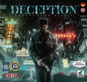 Artwork for "Deception: Undercover Allies" featuring a man in a trench coat holding a pistol in a neon-lit rainy street with Asian characters on the signs, and game award badges displayed in the corners.