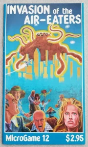 Cover of "Invasion of the Air-Eaters" MicroGame 12 showing a vintage sci-fi illustration of giant octopus-like creature attacking a city, with terrified people in the foreground and a price of $2.95 at the bottom.