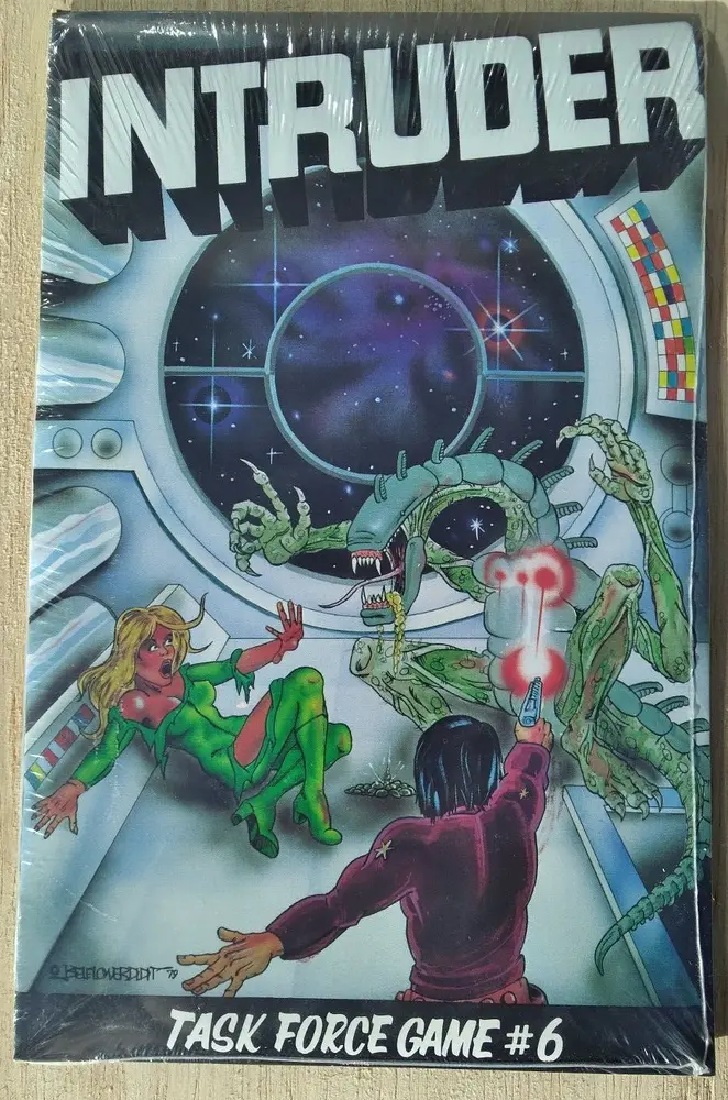 Cover of "Intruder: Task Force Game #6" showing a sci-fi scene with a man in a purple suit shooting at green aliens who are attacking a woman in a green outfit, all inside a spaceship with a view of space through a large porthole.