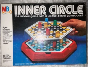 The image shows the box of a vintage Milton Bradley board game titled "INNER CIRCLE," which is described as a survival game with a unique 4-level gameboard. The cover has an illustration of a hand holding the multi-tiered gameboard with pieces in various colors placed on it. It's meant for ages 8 to adult and can be played by 2, 3, or 4 players. The game's tagline and player information are on the left, with the brand logo at the top left corner. There's also a notice at the bottom of the box instructing to see the bottom for game play.