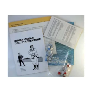 An assortment of board game components including a rule book titled "INDIAN OCEAN ADVENTURE The Japanese Raids on Ceylon, 1942," several printed charts, and a plastic bag containing hexagonal tiles and dice.