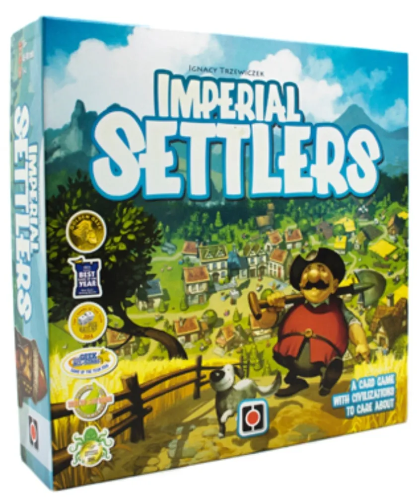 A box of the board game "Imperial Settlers" with colorful artwork depicting a cartoonish male figure in historical dress and a sheep, with a rural landscape in the background. The box displays award badges and the game's title in bold letters.