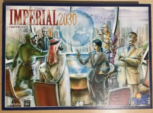 Board game cover titled "IMPERIAL 2030" showing stylized international leaders around a table against a backdrop of cityscapes, with artwork credited to Alexander Jung.