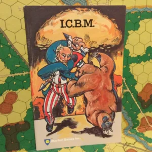 Alt text: Illustration on a game cover depicting Uncle Sam in a boxing match with a bear, symbolizing Russia, in front of a mushroom cloud explosion. The title "I.C.B.M." appears at the top, and the Mayfair Games Inc. logo is at the bottom. The background is a game board with hexagonal tiles.