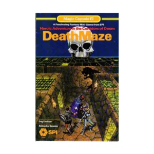 Cover of the "DeathMaze" board game featuring a skull above a maze where fantasy characters are engaging in battle.