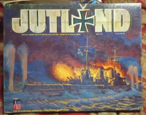 A board game cover for "JUTLAND" showing illustrated naval warfare with battleships and explosions at sea, by the Avalon Hill Company.