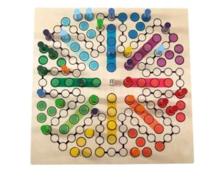 A top-down image of a colorful Ludo board game in progress with distinct colored pieces placed on a patterned board, and a single white die near the center.