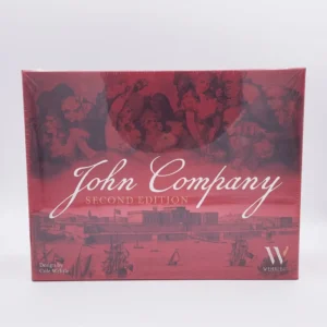 A sealed board game titled "John Company Second Edition" with a design by Cole Wehrle, featuring a red-toned colonial-era illustration with ships and historical figures.