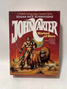 Vintage "John Carter Warlord of Mars" game box showing the title in large letters, artwork of a muscular man and a woman in warrior outfits, and a roaring alien creature, with the SPI company logo at the bottom.