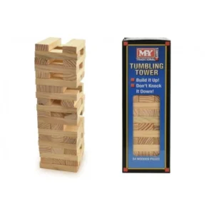 A wooden block tower game next to its packaging box labeled "Tumbling Tower" with text that reads "Build It Up! Don't Knock It Down!" and includes 54 wooden pieces.