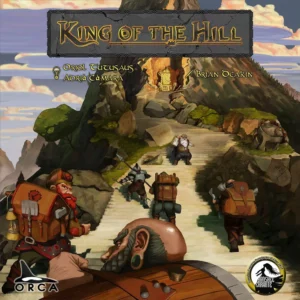 Illustration for the fantasy board game "King of the Hill," featuring stylized characters with medieval armor and equipment ascending a stone path towards an ornate door at the summit of a hill, with a large stone golem's head in the foreground. The title and names Oriol Tucausaus, Aoria Camara, and Brian Oeakin are displayed at the top, with logos for ORCA and MASQUEOCA GAMES at the bottom.