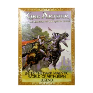 Poster depicting a medieval scene with two armored knights jousting on horseback, titled "King Arthur and the Knights of the Round Table" with the tagline "ENTER THE DARK MAJESTIC WORLD OF ARTHURIAN LEGEND" below the image, all framed within an ornate golden border.