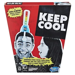 "Packaging of the 'KEEP COOL' game by Hasbro Gaming featuring a color-coded 'cool-o-meter' and images of a young man looking excited and a young woman appearing surprised, with text in both English and French indicating the game is for ages 12 and up and requires 3 AAA batteries."
