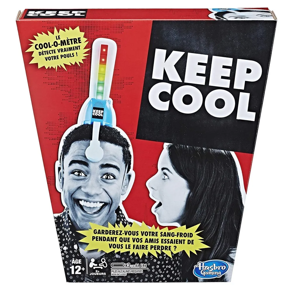 "Packaging of the 'KEEP COOL' game by Hasbro Gaming featuring a color-coded 'cool-o-meter' and images of a young man looking excited and a young woman appearing surprised, with text in both English and French indicating the game is for ages 12 and up and requires 3 AAA batteries."