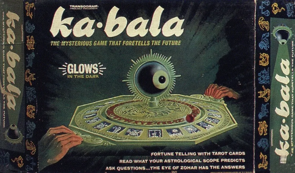 Vintage board game "ka-bala" packaging with a large eye illustration, highlighting glow-in-the-dark feature, tarot cards, and astrological aspects, labeled as a game that foretells the future.