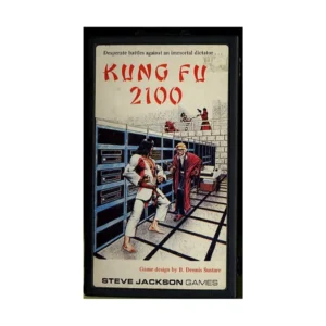 An image of a vintage game box titled "KUNG FU 2100" with the tagline "Desperate battles against an immortal dictator". The cover artwork depicts a futuristic martial arts battle scene with two main characters in the foreground and others fighting in the background. The game is designed by B. Dennis Sustare and published by Steve Jackson Games.