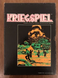 Board game cover titled "KRIEGSPIEL" with artwork depicting a military scene featuring a tank and soldiers in silhouette style.