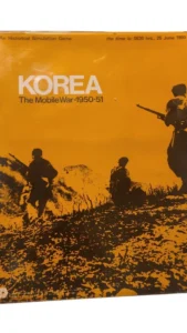 An illustration of soldiers in action on a yellow and black cover for "KOREA The Mobile War - 1950-51", described as an Historical Simulation Game with a timestamp "0530 hrs., 25 June 1950".