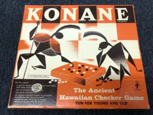 Vintage "KONANE The Ancient Hawaiian Checker Game" board game box cover featuring stylized graphics of petroglyph figures and a game board with pieces.