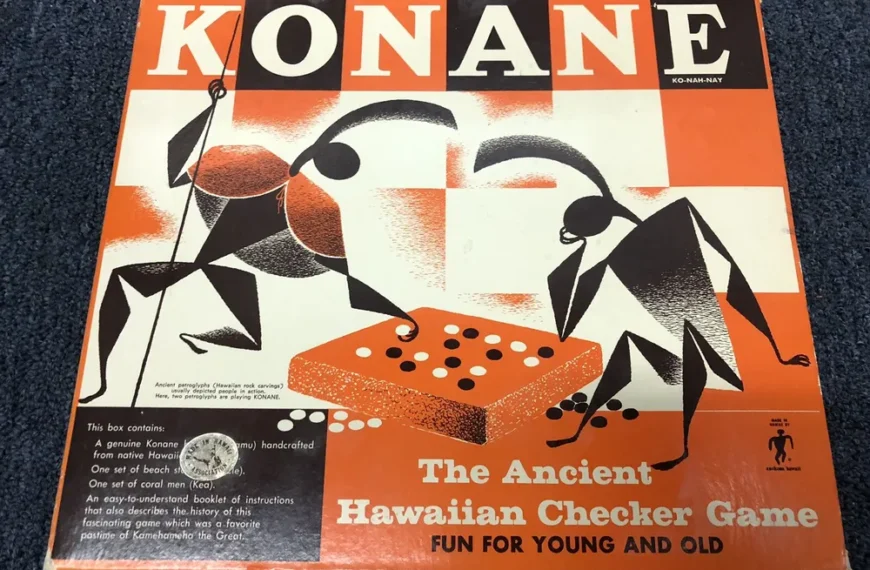 Vintage "KONANE The Ancient Hawaiian Checker Game" board game box cover featuring stylized graphics of petroglyph figures and a game board with pieces.
