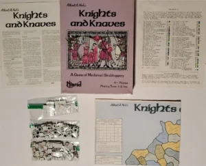 Alt text: Contents of the board game "Knights and Knaves" are displayed, including the game box with medieval-themed artwork, various game components such as tiles and counters in plastic bags, instruction sheets, and a colorful map with different territories marked.