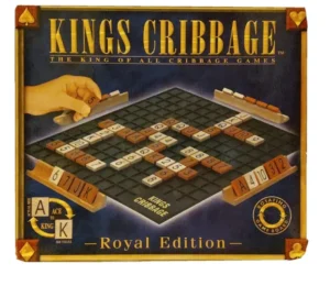 A board game box for "KINGS CRIBBAGE - THE KING OF ALL CRIBBAGE GAMES, Royal Edition" featuring a hand placing lettered tiles onto a game board that resembles a crossword puzzle, with racks holding additional tiles at the bottom and right side. The game includes a rotating board, with the title, edition, and other details displayed on the box's cover.