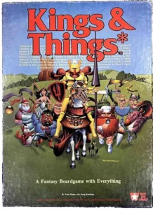 Image of the "Kings & Things" board game cover featuring colorful illustrations of various fantasy characters such as wizards, centaurs, and ogres, with the title in large red text at the top and the description "A Fantasy Boardgame with Everything" at the bottom, including the names "By Tom Wham with Doug Kaufman" and the West End Games logo.