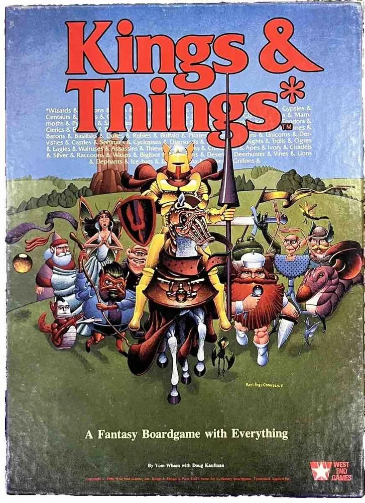 Image of the "Kings & Things" board game cover featuring colorful illustrations of various fantasy characters such as wizards, centaurs, and ogres, with the title in large red text at the top and the description "A Fantasy Boardgame with Everything" at the bottom, including the names "By Tom Wham with Doug Kaufman" and the West End Games logo.