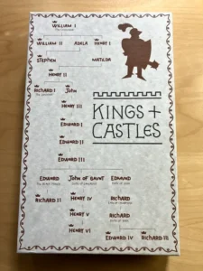 A genealogical chart titled "KINGS + CASTLES" depicting a lineage of English royalty, with names and titles from William I to Richard III, including connections between them, and a silhouette of a knight in the upper right corner.