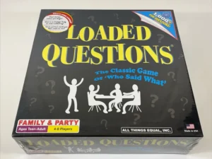A sealed board game box of "LOADED QUESTIONS - The Classic Game of 'Who Said What'," meant for family and party with ages teen to adult and 4-6 players. The box features silhouetted figures and question marks on a black background and includes several badges stating "What is your favorite...?" and other prompts, "1000s of Fun Questions," and "Made in USA."