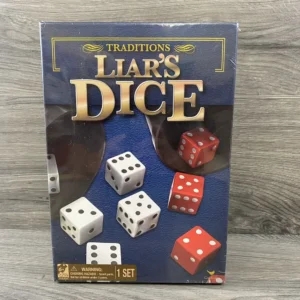 A boxed game of "Liar's Dice" by Traditions on a wooden surface, with an image of five six-sided dice (three white, two red) shown through a clear plastic window.