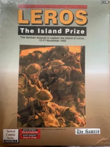 A board game cover titled "LEROS The Island Prize" depicting illustrated soldiers in combat. The subtitle reads "The German Assault to capture the Island of Leros, 12-17 November 1943." The game is part of the Tactical Combat Series, labeled as Game No. 8 with David Friedrichs as game designer and Dean N. Essig as series designer. The game is produced by The Gamers.