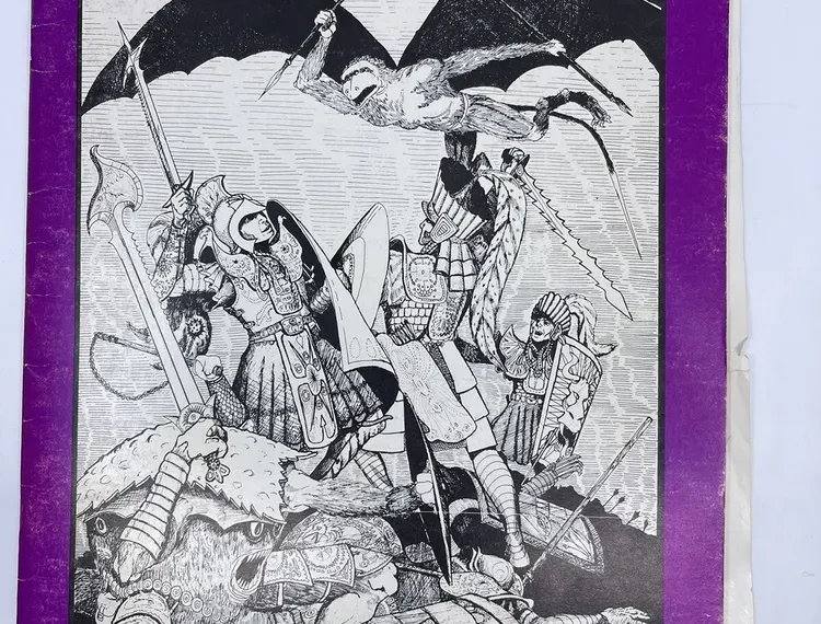 Cover of the "Legions of the Petal Throne" book featuring fantasy miniatures wargame rules, with an illustration of armored warriors in battle, some on foot and one mounted, with a large bat-like creature above them.