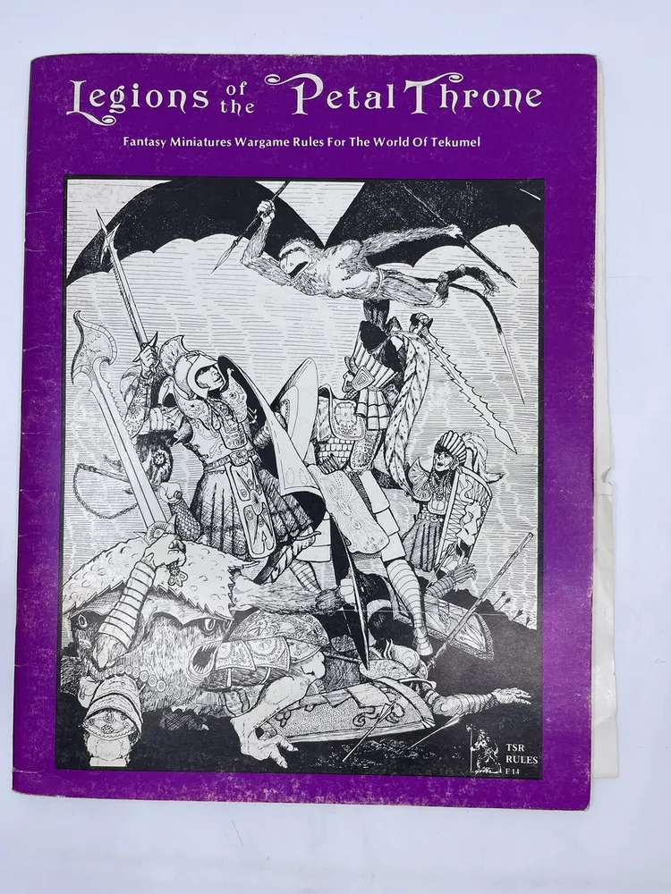 Cover of the "Legions of the Petal Throne" book featuring fantasy miniatures wargame rules, with an illustration of armored warriors in battle, some on foot and one mounted, with a large bat-like creature above them.