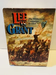 A box cover for a historical board game titled "LEE VS. GRANT The Wilderness Campaign of 1864" by VICTORY GAMES, INC, featuring a painted Civil War battle scene with soldiers and an American flag.