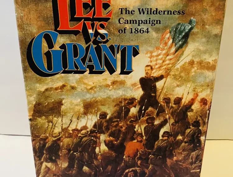 A box cover for a historical board game titled "LEE VS. GRANT The Wilderness Campaign of 1864" by VICTORY GAMES, INC, featuring a painted Civil War battle scene with soldiers and an American flag.