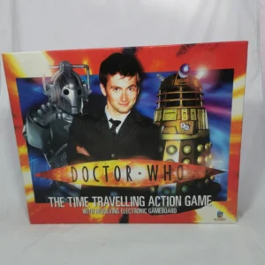 Doctor Who board game box featuring images of a character, a Cyberman, and a Dalek with the title "Doctor Who: The Time Travelling Action Game" and a colorful, explosive background.