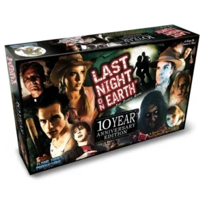 "Last Night on Earth" 10 Year Anniversary Edition board game box featuring thematic images of characters and zombies with dark, horror-inspired colors and artwork.
