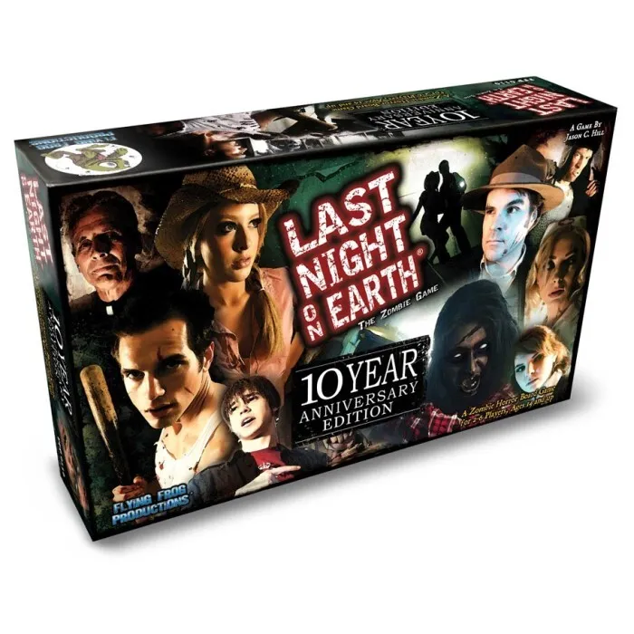 "Last Night on Earth" 10 Year Anniversary Edition board game box featuring thematic images of characters and zombies with dark, horror-inspired colors and artwork.