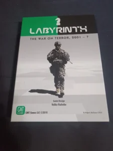 "Labyrinth: The War on Terror, 2001 – ?" board game box with an image of a soldier walking and the game designed by Volko Ruhnke, published by GMT Games LLC ©2010.