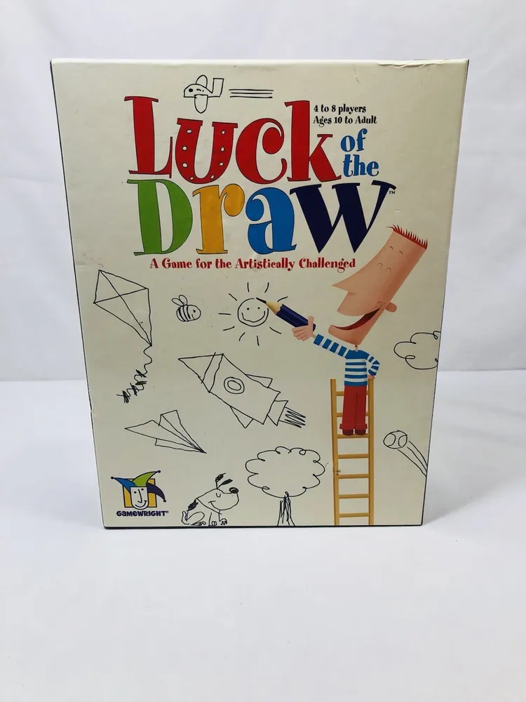 A board game box titled "Luck of the Draw," labeled as a game for artistically challenged for 4 to 8 players, ages 10 to adult, with various simple drawings and doodles on the cover.